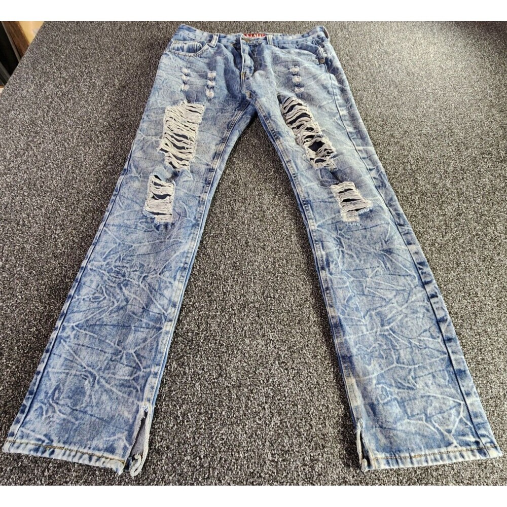 KAALU Jeans Men's 32x32 Straight Leg Ripped Stone Wash Denim Thrashed Grunge